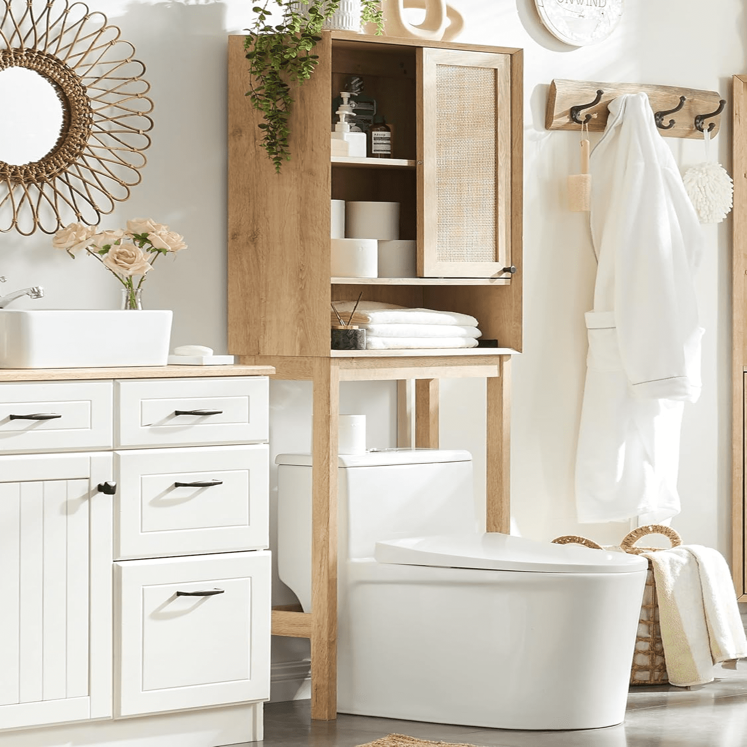 Natural Over The Toilet Storage Cabinet 68" Tall Boho Storage Cabinet Above Toilet with Sliding ...