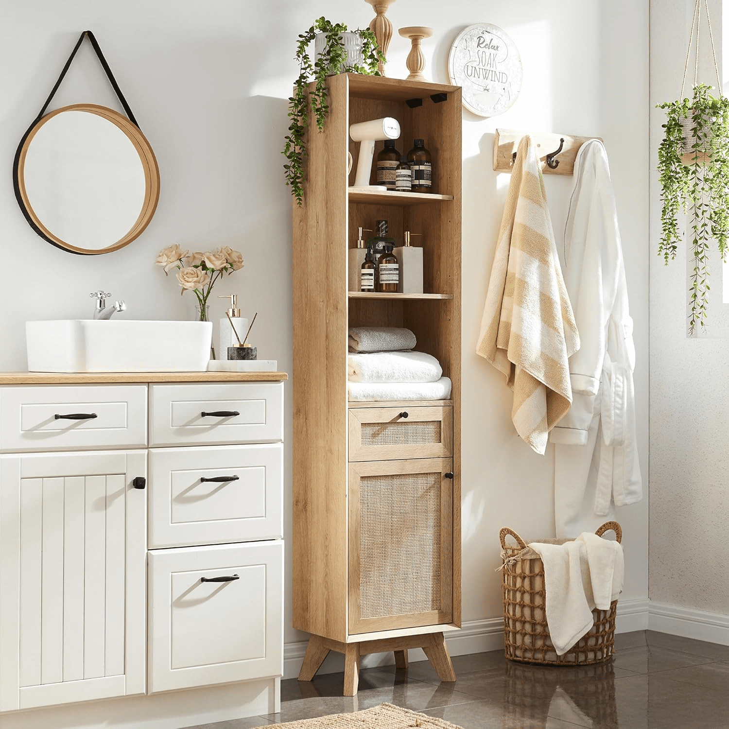 Natural Over The Toilet Storage Cabinet 68" Tall Boho Storage Cabinet Above Toilet with Sliding ...