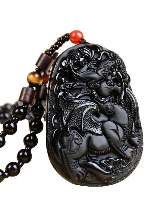 Natural Top Obsidian Necklace Lucky Amulet Protection Pendant featuring Dragon phoenix wolf's head Buddha Guanyin Kwan Yin A Certified Obsidian Women's Necklaces Men's Necklaces[w703]