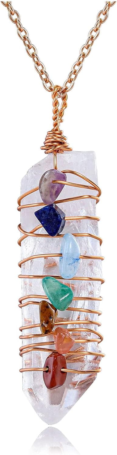 SUNYIK 7 Chakra Crystal Point Pendant Necklace - Hexagonal Wand With Healing Stones & Black Obsidian, Unisex