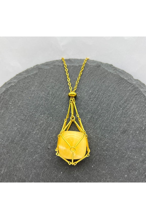 Natural Topaz Jade Macrame Pouch Pendant 201 Stainless Steel Chain Necklaces Real 18K golden Plated 23.62 inch(60cm)