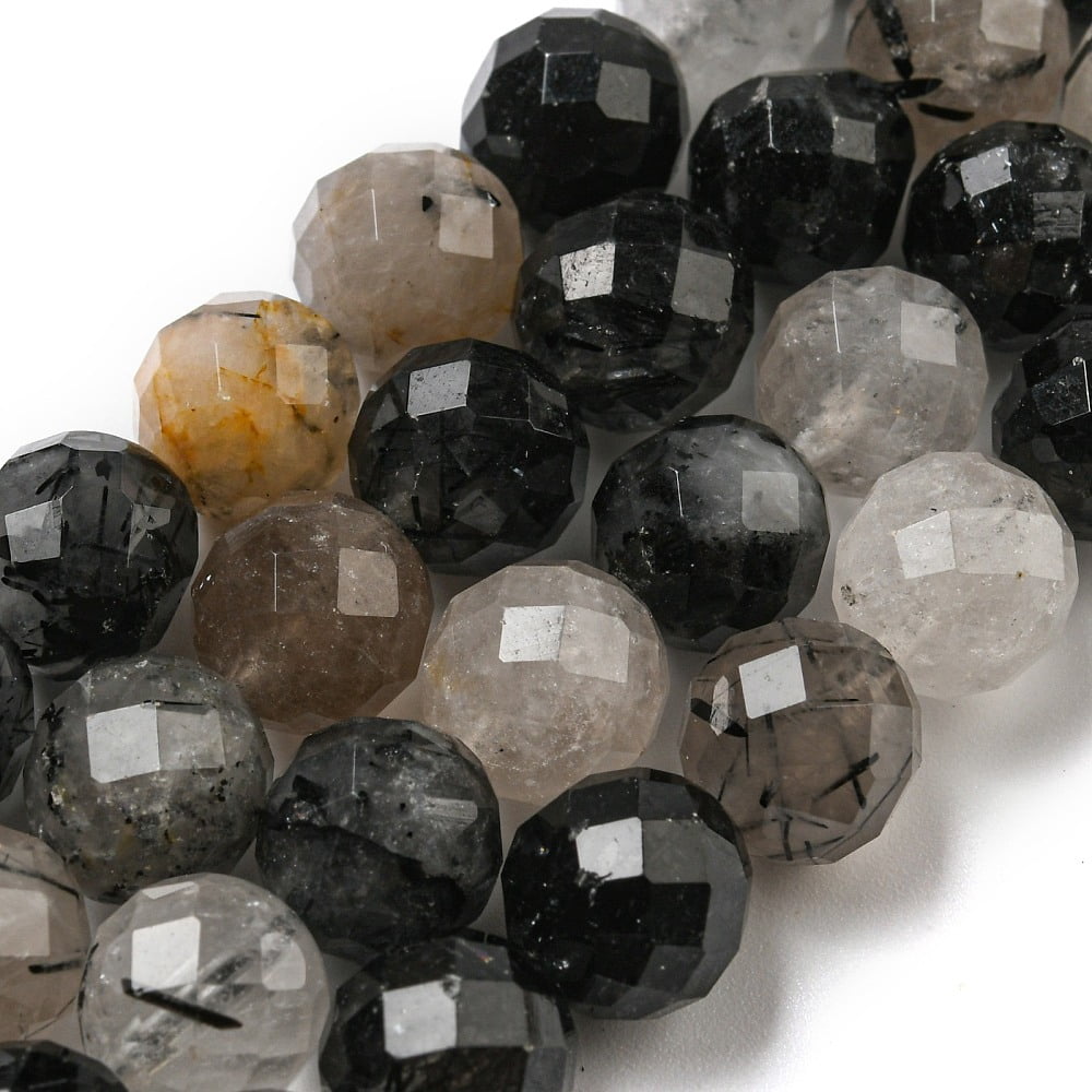Natural Tourmalinated Quartz/Black Rutilated Quartz Beads Strands Faceted Round 8mm Hole: 0.8mm about 45~47pcs/strand 15''(38.1cm)