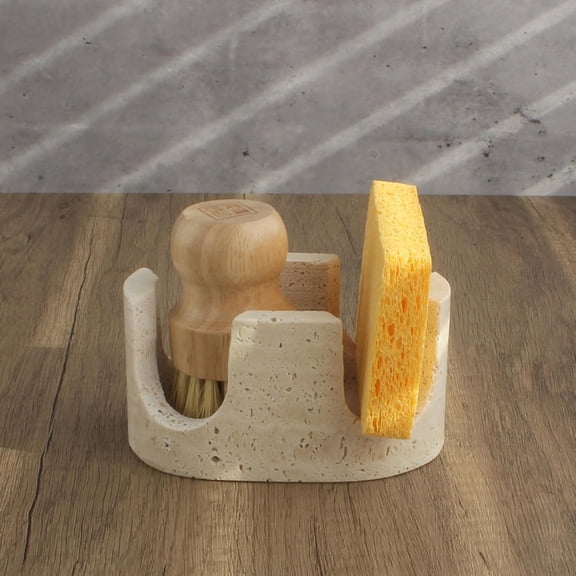 Natural Travertine Marble 2-Slot Sponge Holder for Kitchen Counter, 2-in-1 Stone Drying Rack, Sponge Caddy for Sink Organizer - Beige Travertine