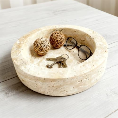 Natural Travertine Decorative Bowl, 7.87" x 2.16" Round Stone Fruit Bowl for Kitchen Counter, Modern Marble Key Bowl for Entryway Table, Stone Catchall Tray for Jewelry, Candy, Home Decor Centerpiece