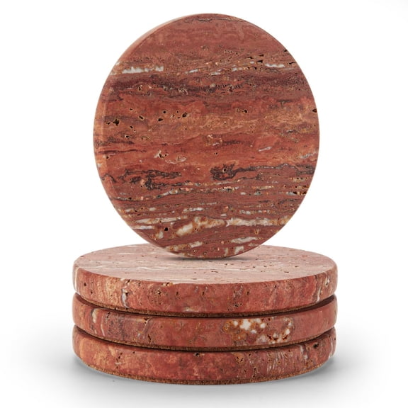 Natural Travertine Marble Coasters Set of 4-4" Round Stone Drink Coasters, Non-Slip Cork Backing, Housewarming Gift, Wedding, Protect Tables from Stains & Scratches