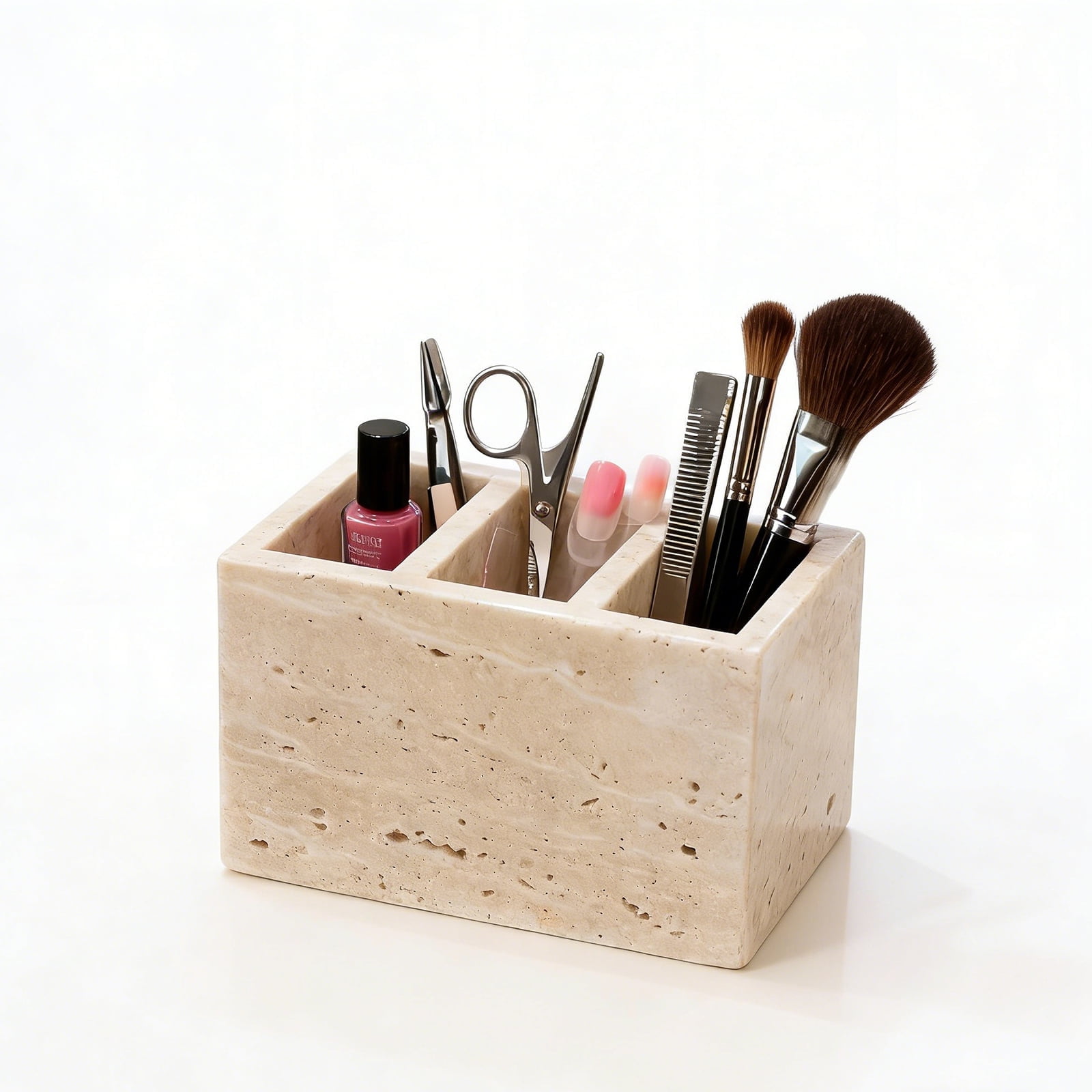 Natural Travertine Marble Organizer - Multi-Purpose Pencil Pen Holder, Bathroom Makeup Brush Storage, Office Desktop Stationary Caddy