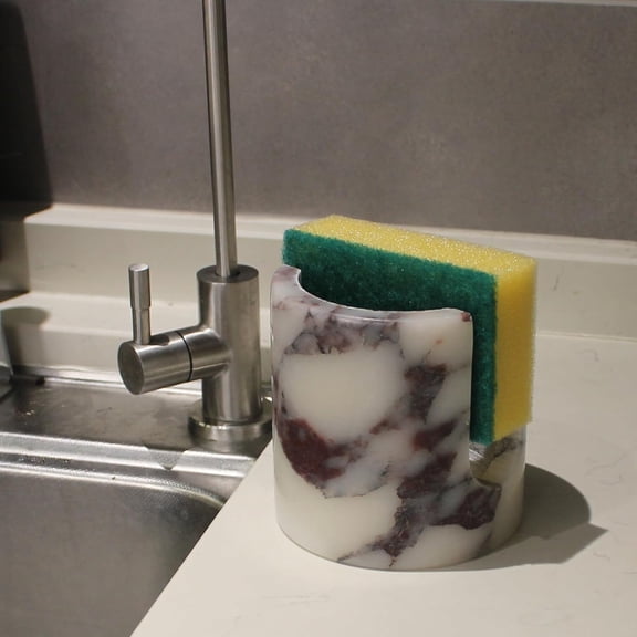 Natural Travertine Marble Sponge Holder for Kitchen Sink, Drying Rack, Compact Sink Caddy Organizer - Calacatta Viola Marble