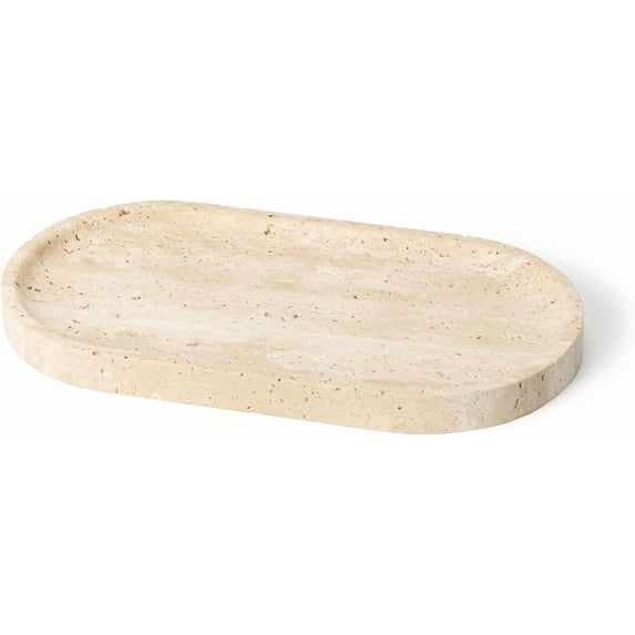Natural Travertine Oval Tray - 100% Real Stone Handcrafted, Modern Multi-Purpose Decorative Organizer for Kitchen, Bathroom, Living Room Home Decor