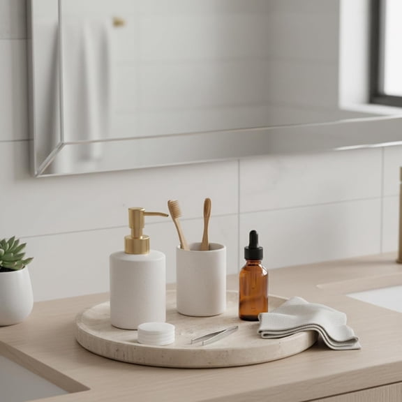 Natural Travertine Serving Tray, 10 Inch Round Decorative Stone Tray for Coffee Table, Bathroom Vanity, Kitchen Counter, Luxury Home Decor