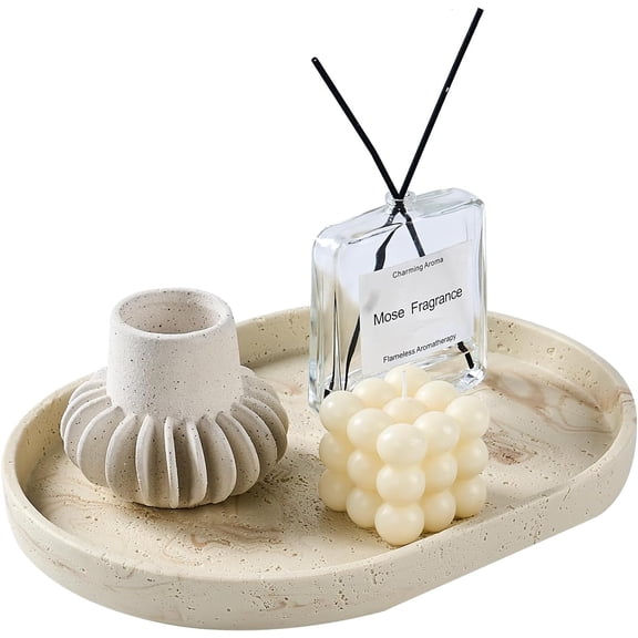 Natural Travertine Textured Serving Tray with Handles, 14x10 Inch Beaded Oval Decorative Tray for Vanity, Coffee Table, and Entryway Display