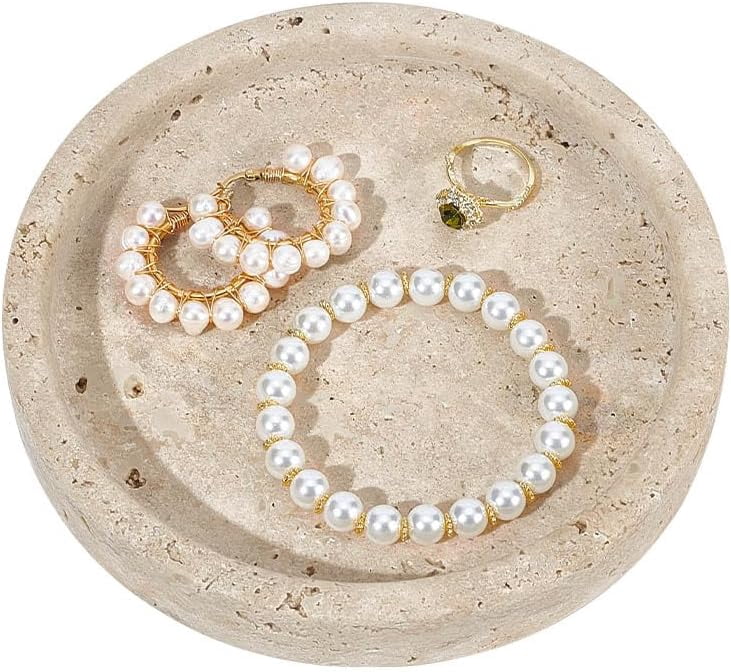Natural Travertine Tray 5.9 Inch Round Marble Jewelry Plate Stone Desktop Organizer