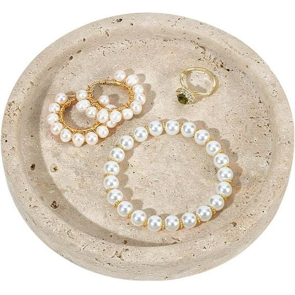 Natural Travertine Tray 5.9 Inch Round Marble Jewelry Plate Stone Desktop Organizer