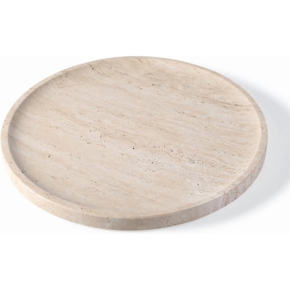 Natural Travertine Tray for Home Decor, 10 Inch Round Serving Tray for Kitchen and Coffee Table, Decorative Marble Bathroom Trays for Counter, Luxury Vanity Tray, Light Beige Stone Tray