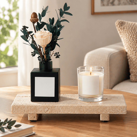 Natural Travertine Tray Pedestal Stand, Stone Riser for Bathroom & Kitchen