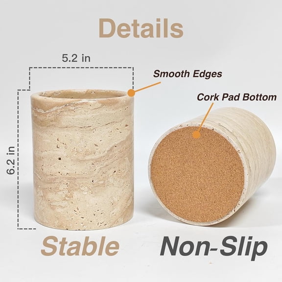 Natural Travertine Utensil Holder for Kitchen Countertop  Heavy & Stable Real Stone Organizer, Rustic Premium Decor, Beige