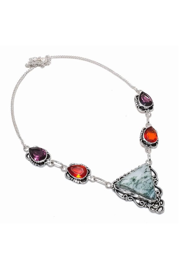 Natural Tree Agate, Garnet 925 Sterling Silver Jewelry Necklace 18"