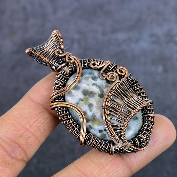 Natural Tree Agate Gemstone Handmade Copper Eire Wrap Jewelry Pendant 2.64"