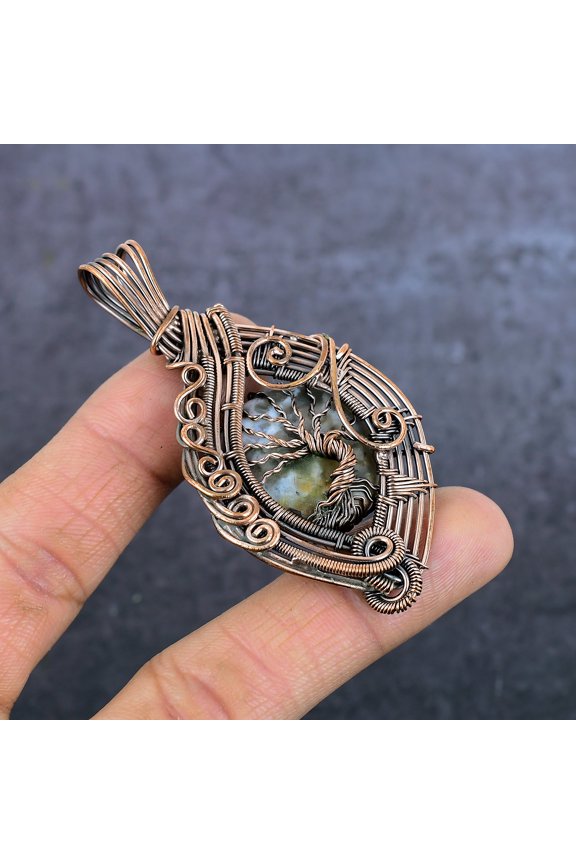 Natural Tree Agate Gemstone Handmade Copper Eire Wrap Jewelry Pendant 2.96"