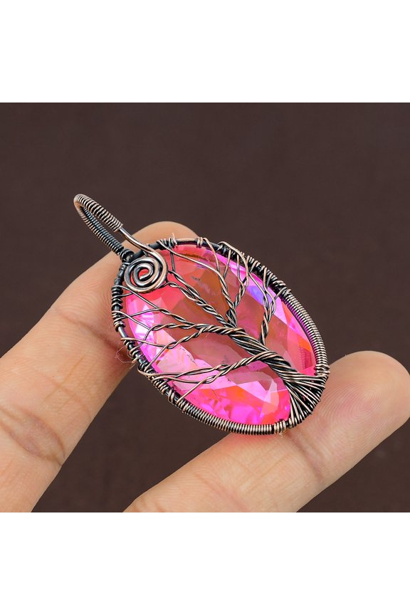Natural Tree Of Life Kunzite Gemstone Copper Wire Wrap Gift Pendant 2.3"