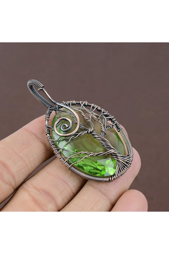 Natural Tree Of Life Peridot Gemstone Copper Wire Wrap Pendant 2.36"
