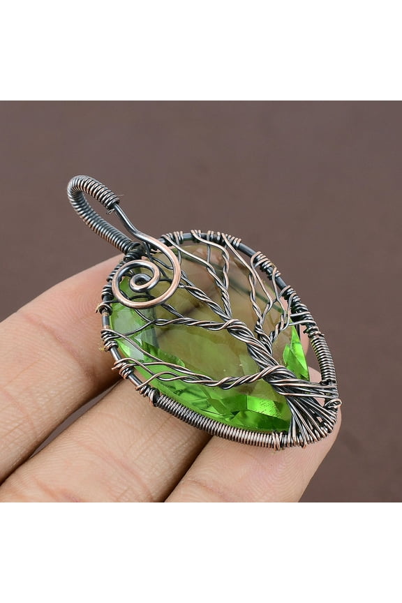 Natural Tree Of Life Peridot Gemstone Copper Wire Wrap Pendant 2.36"