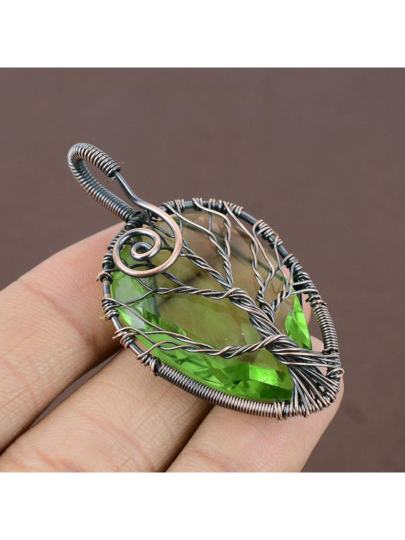 Natural Tree Of Life Peridot Gemstone Copper Wire Wrap Pendant 2.36"