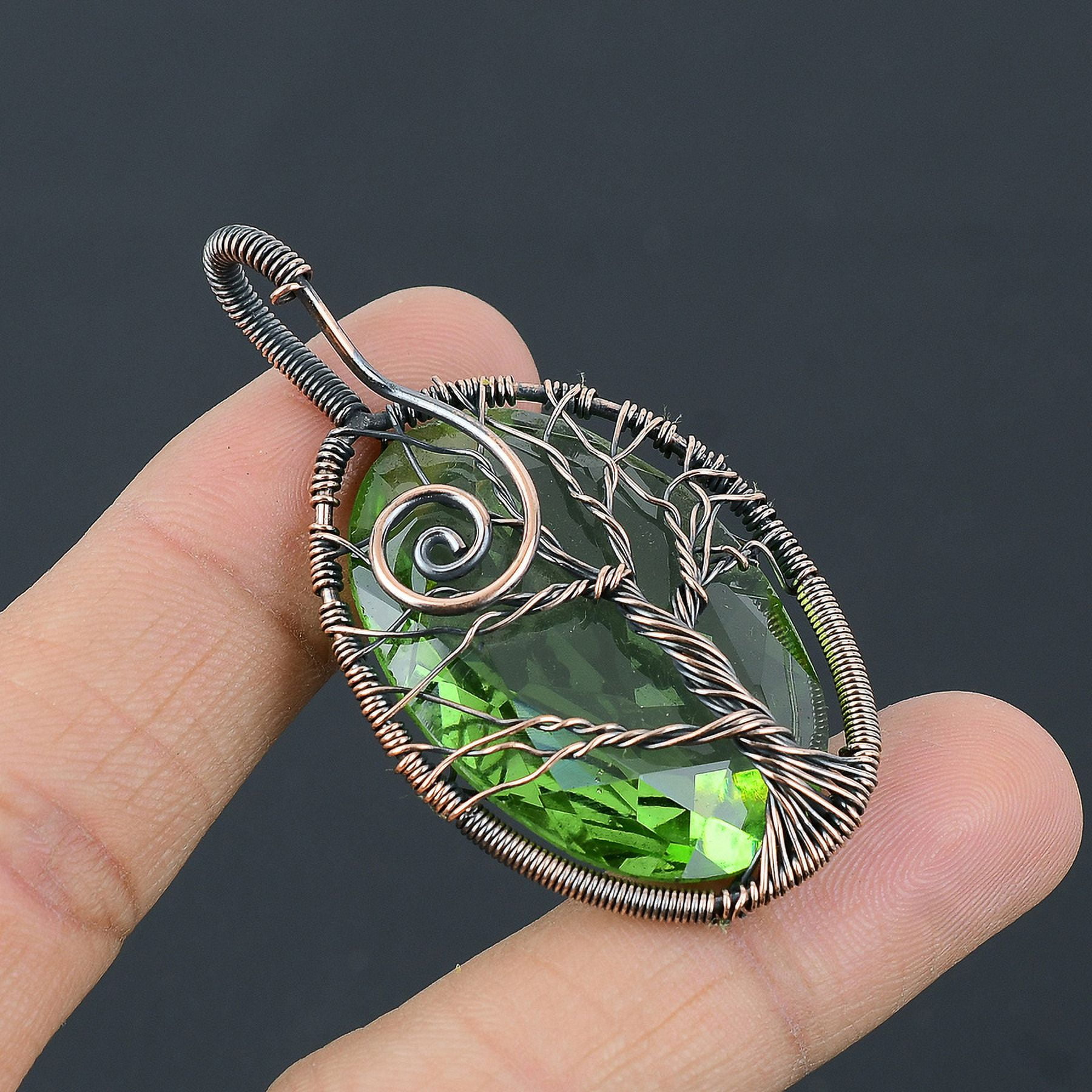 Natural Tree Of Life Peridot Gemstone Copper Wire Wrap Pendant