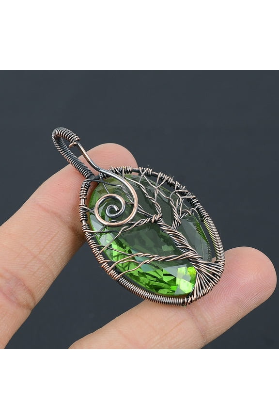 Natural Tree Of Life Peridot Gemstone Copper Wire Wrap Pendant 2.36"