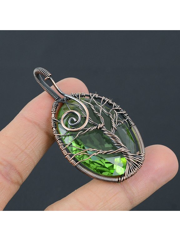 Natural Tree Of Life Peridot Gemstone Copper Wire Wrap Pendant 2.36"