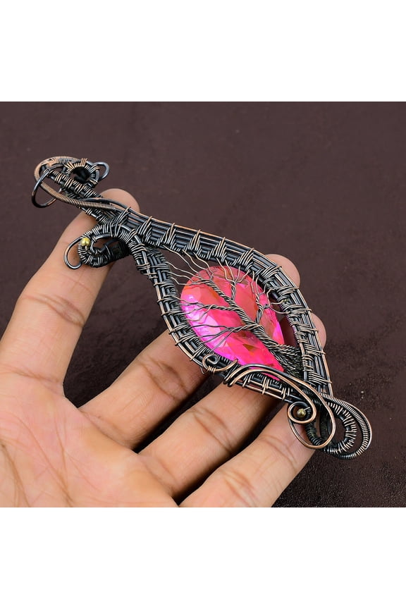 Natural TreeOfLife Kunzite Gemstone Copper Wire Wrap Gift Pendant 5.91"