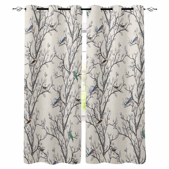 Natural Trees Black Out Curtains 54 Inch Long, Short Curtains for Small Window, Colored Birds on Branches Retro Rustic Room Darkening Farmhouse Window Curtains for Kitchen Bedroom 42"x54" 2 Panels