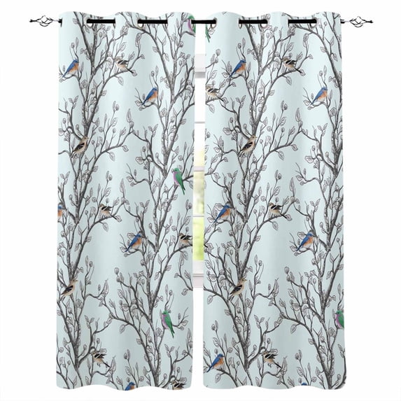 Natural Trees Branches Blackout Curtains for Bedroom, Colored Birds Vintage Rustic Blue Thermal Insulated Kitchen Drapes with Grommets, Light Blocking Window Treatment, 2 Panels 52" x 90"