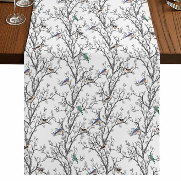 Natural Trees Branches Burlap Cotton Table Runner 13x36 Inches Short, Colored Birds Vintage Rustic Farmhouse Table Runners, Outdoor Dining Tablecloths Decor for Baby Shower/Party/Wedding