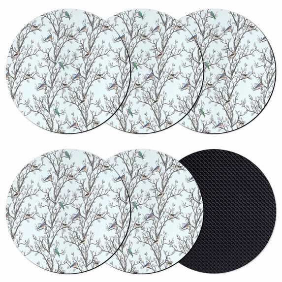 Natural Trees Branches Coasters Set of 6, Absorbent Coasters for Drinks, Colored Birds Vintage Rustic Blue Coaster for Desk Coffee Table Protection, Home Decor House Warming Gifts 4"