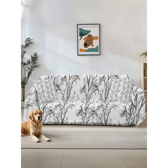 Natural Trees Branches Couch Cover, Colored Birds Vintage Rustic Sofa Cover Blanket for Loveseat Couches, Sectional Sofa Slipcover Furniture Protector for Living Room Bedroom 71''x118''