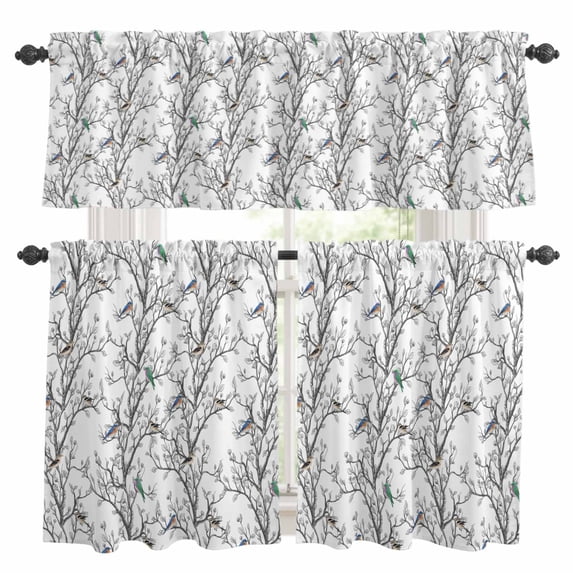 Natural Trees Branches Kitchen Curtains Sets for Windows 24 Inch Length, Colored Birds Vintage Rustic Rod Pocket Window Treatments Tier Curtains and Valances Set for Bedroom/Bathroom