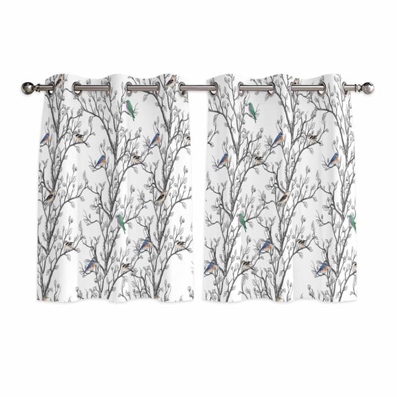 Natural Trees Branches Kitchen Curtains Window Panels, Colored Birds Vintage Rustic Insulated Window Treatment Curtain, Grommet Curtains for Bedroom/Living Room/Bathroom, 2 Piece 42"Wx45"L