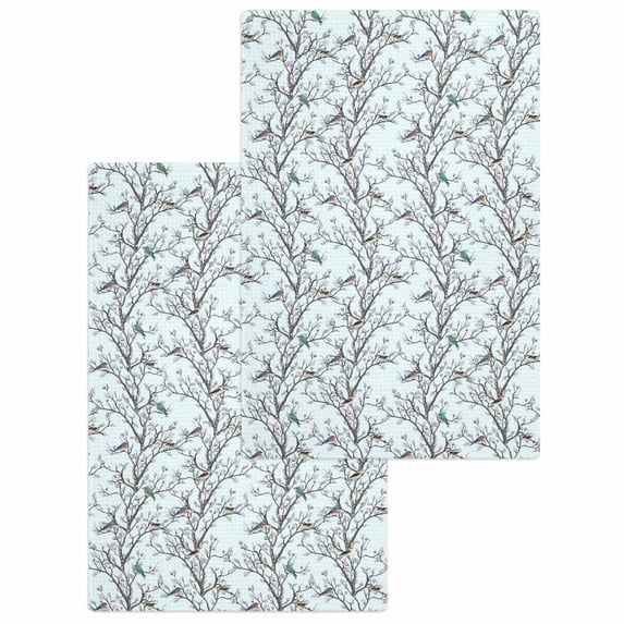Natural Trees Branches Kitchen Dish Towels for Drying Dishes Set of 2, Colored Birds Vintage Rustic Blue Waffle Weave Microfiber Hand Tea Bathroom Towels Quick Dry & Absorbent Towel 15.7x23.6