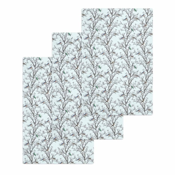Natural Trees Branches Kitchen Dish Towels for Drying Dishes Set of 3, Colored Birds Vintage Rustic Blue Waffle Weave Microfiber Hand Tea Bathroom Towels Quick Dry & Absorbent Towel 15.7x23.6