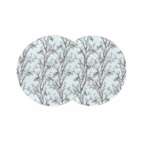 Natural Trees Branches Round 13 Inch Placemats Set of 2, Colored Birds Vintage Rustic Blue HeatResistant Non Slip Place Mats for Dining Table, Wipeable Braided Kitchen Table Mats for Housewarming