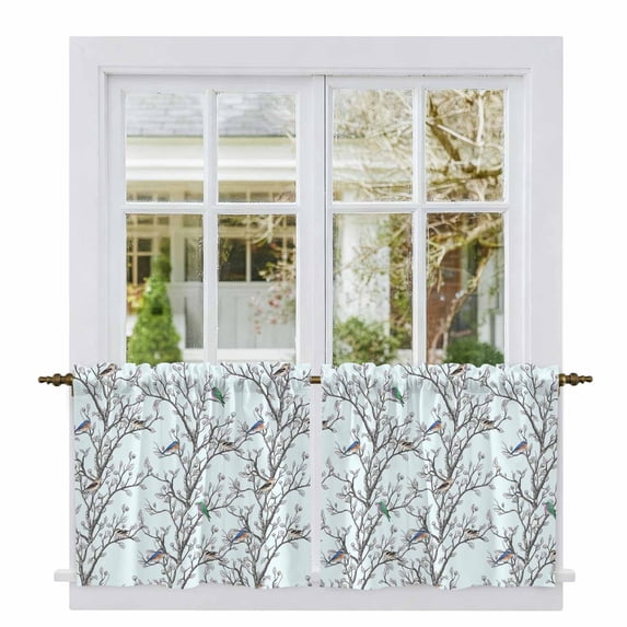 Natural Trees Branches Tier Curtains 24 Inch Length, Colored Birds Vintage Rustic Blue Cafe Short Curtains for Bathroom Over Sink, Small Kitchen Curtain Light Filtering Drapes 2 Panels 27.5"Wx24"L