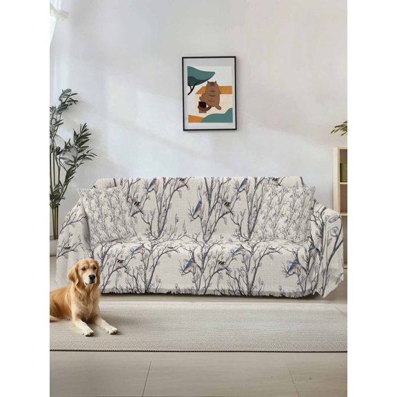 Natural Trees Couch Cover Sofa Covers 3 Cushion Sectional Couch, Colored Birds on Branches Retro Rustic Washable Sofa Covers Slipcover Sectional Sofa Cover, Furniture Protector 71"x150"
