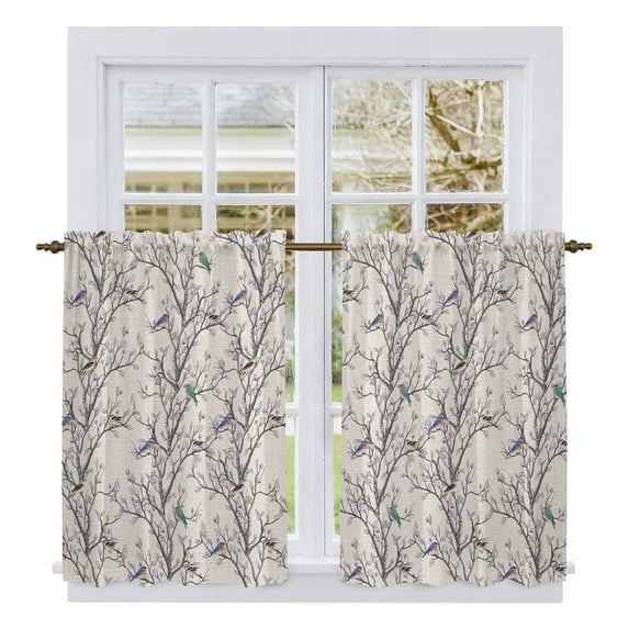Natural Trees Kitchen Curtains 45 Inch Length, Colored Birds on Branches Retro Rustic Tiers Curtains for Bathroom Bedroom Cafe, Light Filtering Small Window Treatment Short Drapes 2 Panels 42"Wx45"L
