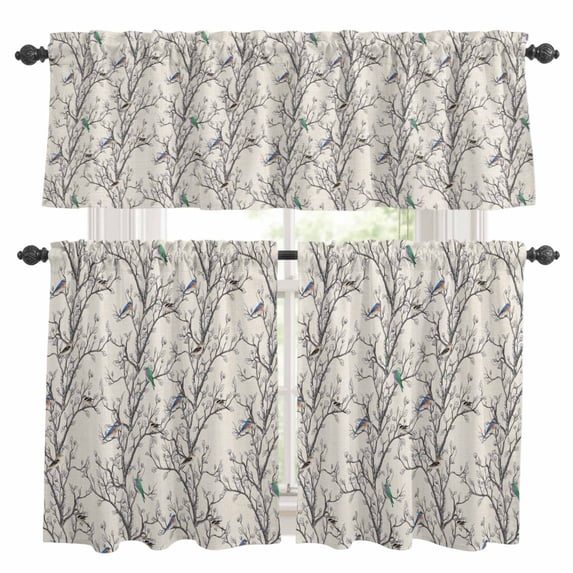 Natural Trees Kitchen Curtains Sets for Windows 36 Inch Length, Colored Birds on Branches Retro Rustic Rod Pocket Window Treatments Tier Curtains and Valances Set for Bedroom/Bathroom