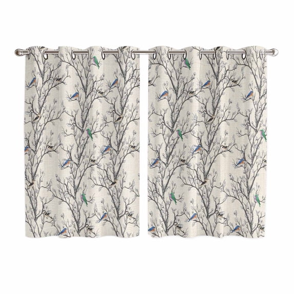 Natural Trees Kitchen Curtains Window Panels, Colored Birds on Branches Retro Rustic Insulated Window Treatment Curtain, Grommet Curtains for Bedroom/Living Room/Bathroom, 2 Piece 52"Wx63"L