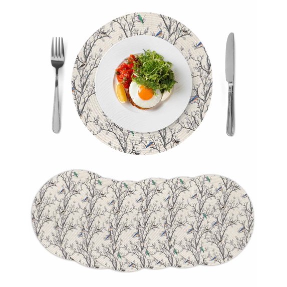 Natural Trees Round 13 Inch Placemats Set of 6, Colored Birds on Branches Retro Rustic HeatResistant Non Slip Place Mats for Dining Table, Wipeable Braided Kitchen Table Mats for Housewarming