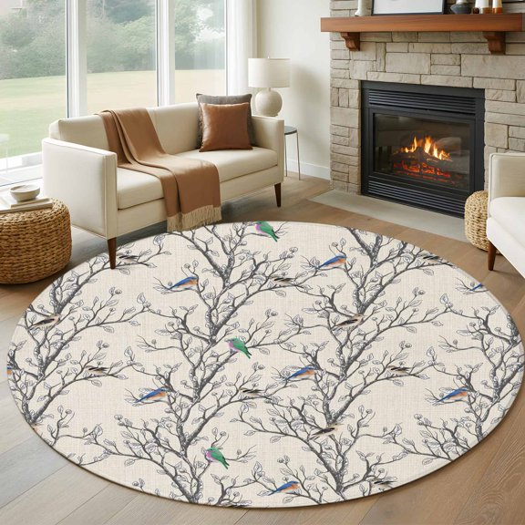 Natural Trees Round Area Rug 8Ft Washable Large Circle Rugs for Living Room Dorm, Colored Birds on Branches Retro Rustic Non-Slip Carpet Floor Mats Indoor Outdoor Carpet Runner Aesthetic Home Decor