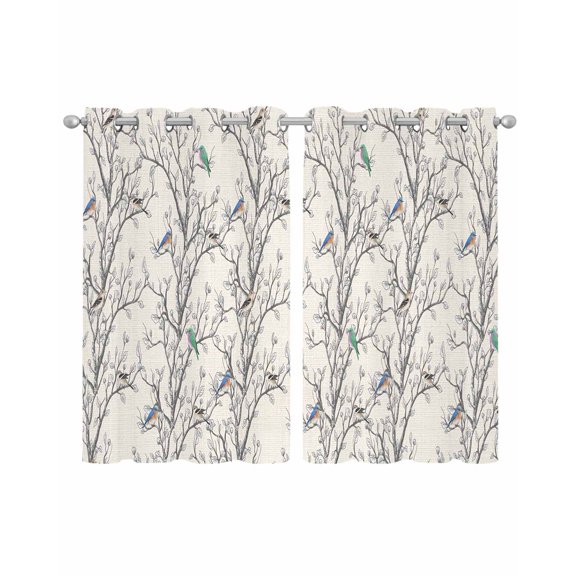 Natural Trees Sheer Curtains 39 Inch Length 2 Panels Set for Living Room/Bedroom, Colored Birds on Branches Retro Rustic Kitchen Curtains Grommet Semi-Sheer Curtains Window Treatments 27.5"x39"x2