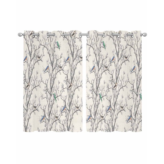 Natural Trees Sheer Curtains 45 Inch Length 2 Panels Set for Living Room/Bedroom, Colored Birds on Branches Retro Rustic Kitchen Curtains Grommet Semi-Sheer Curtains Window Treatments 42"x45"x2
