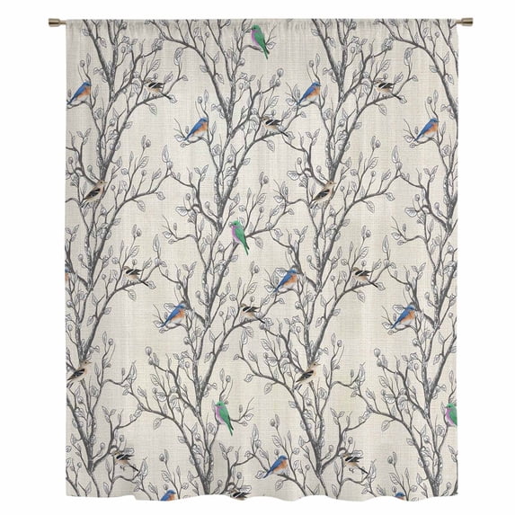 Natural Trees Sheer Curtains 54 Inches Long, Colored Birds on Branches Retro Rustic Light Filering Curtains, Breathable Simi Curtain Privacy Drapes for Kitchen Bathroom Small Window Treatment
